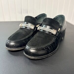 Brighton Womens Black Croc Embossed Leather Suede Loafers Made in Italy Size 8M